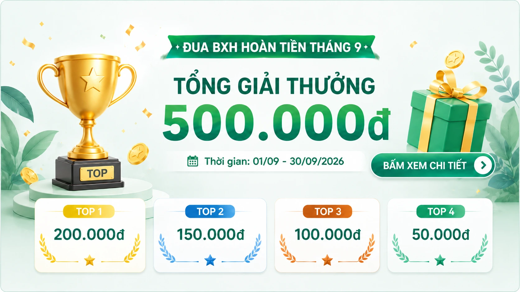 [HOT] Chính Sách Thưởng TOP BXH Tiền Hoàn Tháng 9